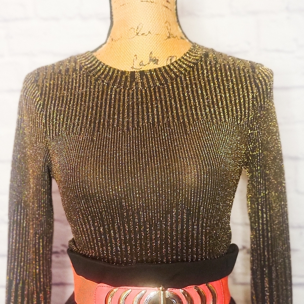 Windsor Glitter/black Crop Top Small  long-sleeved NYE vibe